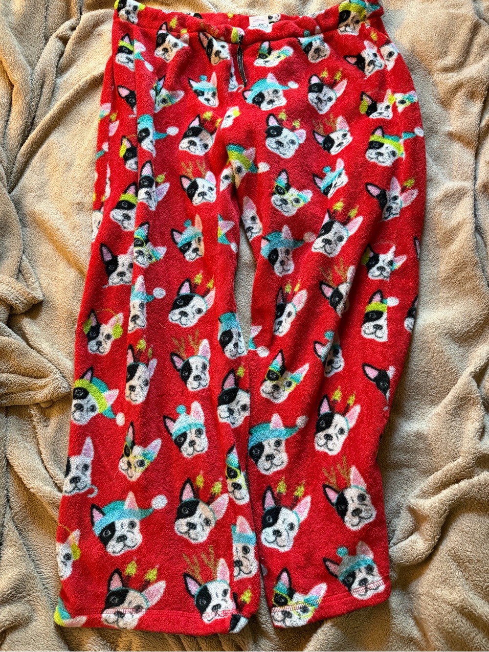 Womens Red Fleece Pajama Pants with Holiday Dog Print